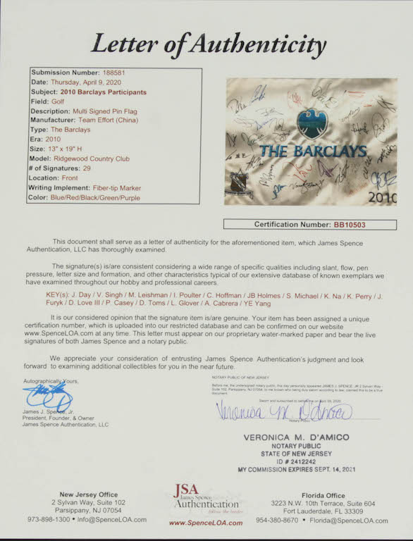 2010 The Barclays 13x19 Flag Signed by (29) with Jason Day, Vijay Singh, Marc Leishman, Ian Poulter (JSA LOA) at PristineAuction.com 2010 The Barclays 13x19 Flag Signed by (29) with Jason Day, Vijay Singh, Marc Leishman, Ian Poulter (JSA LOA) at PristineAuction.com