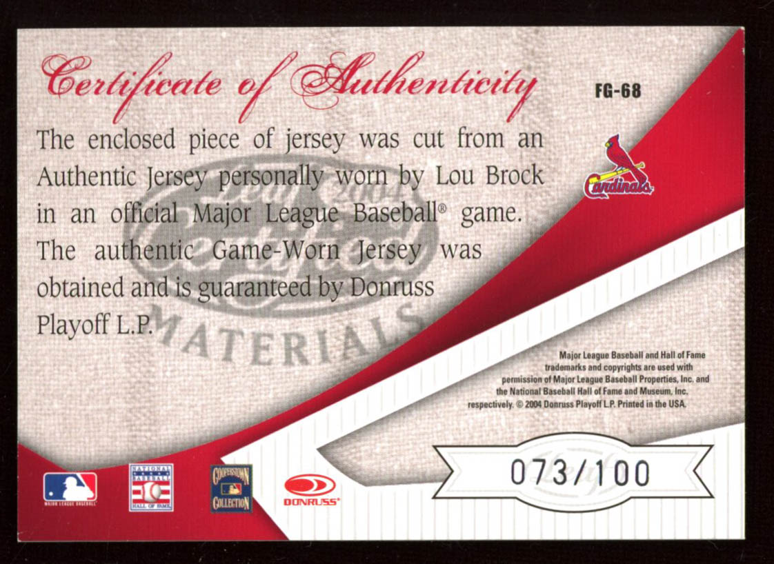 Lou Brock 2004 Leaf Certified Materials Fabric of the Game #68 Jersey at PristineAuction.com Lou Brock 2004 Leaf Certified Materials Fabric of the Game #68 Jersey at PristineAuction.com