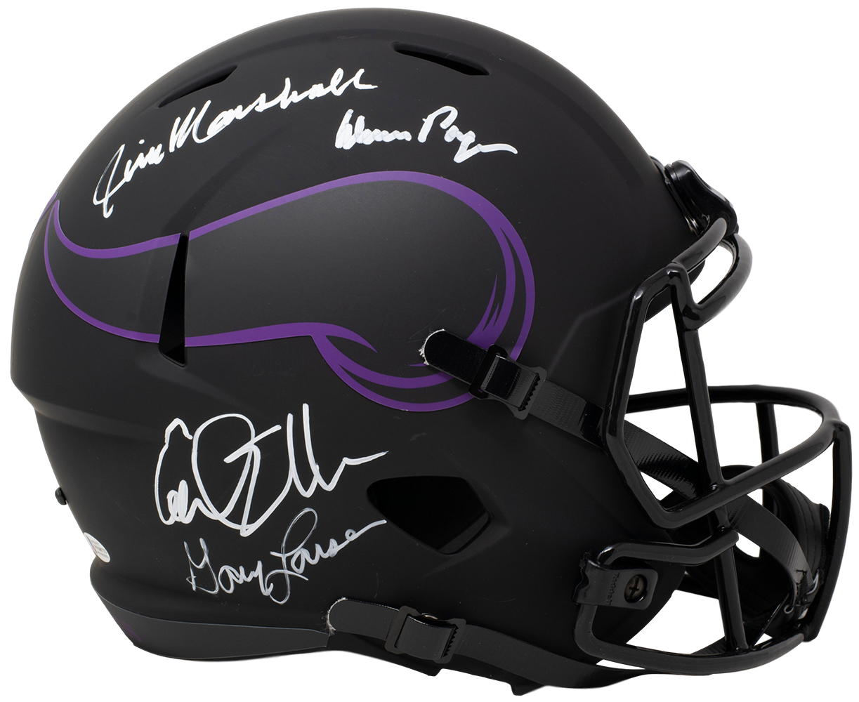 Vikings "Purple People Eaters" Full-Size Eclipse Alternate Speed Helmet Signed by (4) with Carl Eller, Alan Page, Gary Larsen & Jim Marshall (Beckett COA) at PristineAuction.com Vikings "Purple People Eaters" Full-Size Eclipse Alternate Speed Helmet Signed by (4) with Carl Eller, Alan Page, Gary Larsen & Jim Marshall (Beckett COA) at PristineAuction.com