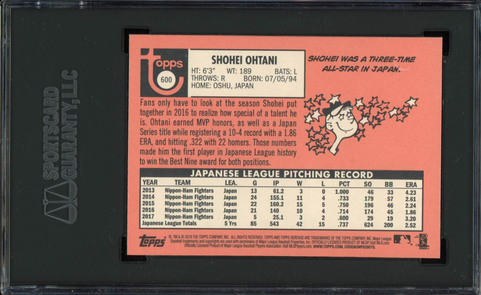 Shohei Ohtani 2018 Topps Heritage #600 RC (SGC 8.5) at PristineAuction.com Shohei Ohtani 2018 Topps Heritage #600 RC (SGC 8.5) at PristineAuction.com