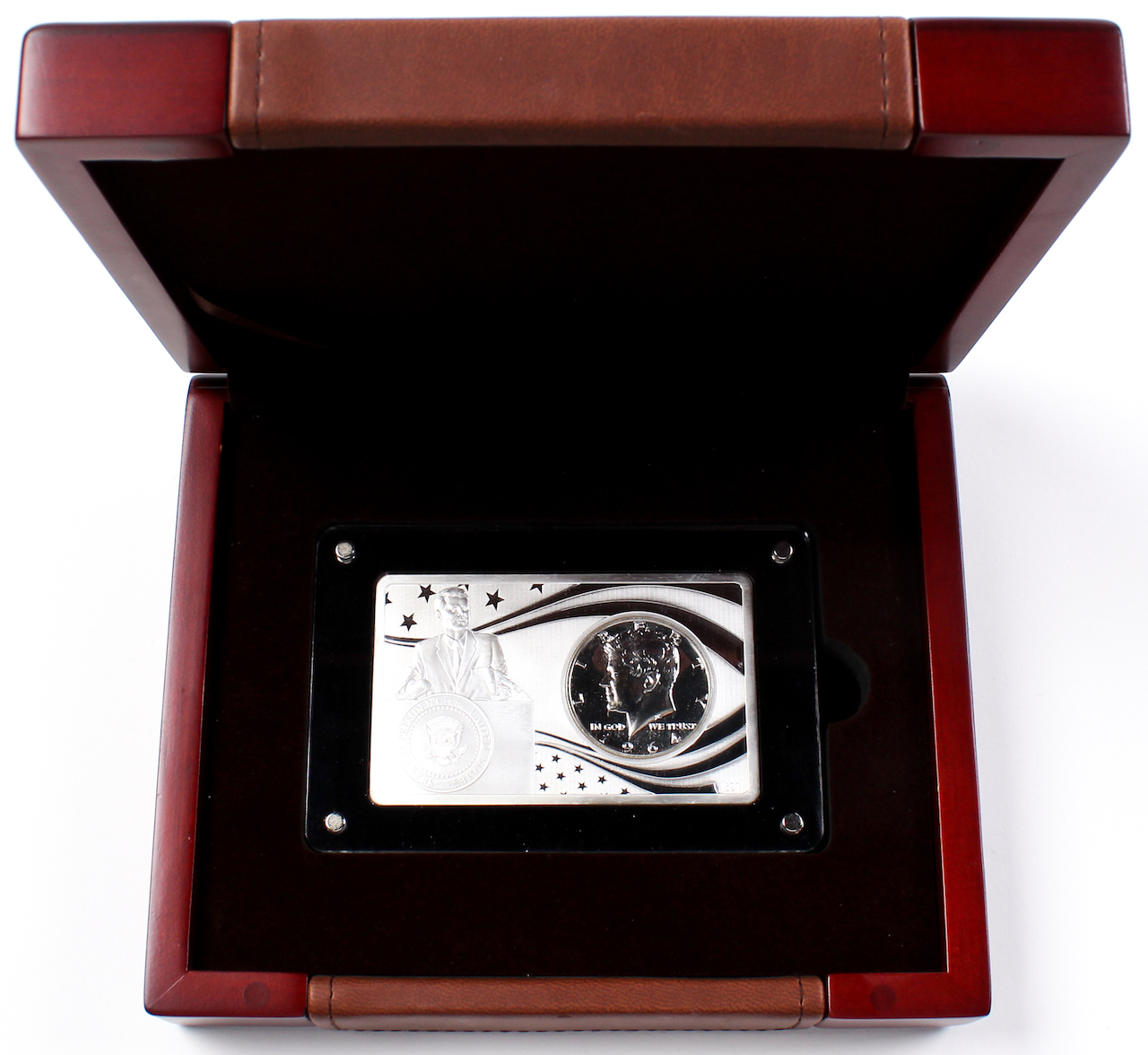 John F. Kennedy 100th Anniversary 2 oz. .999 Silver Bar with 1964 Kennedy Half Dollar at PristineAuction.com John F. Kennedy 100th Anniversary 2 oz. .999 Silver Bar with 1964 Kennedy Half Dollar at PristineAuction.com