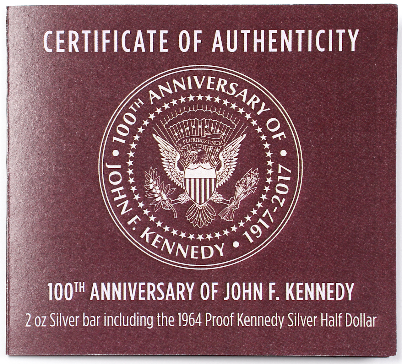 John F. Kennedy 100th Anniversary 2 oz. .999 Silver Bar with 1964 Kennedy Half Dollar at PristineAuction.com John F. Kennedy 100th Anniversary 2 oz. .999 Silver Bar with 1964 Kennedy Half Dollar at PristineAuction.com
