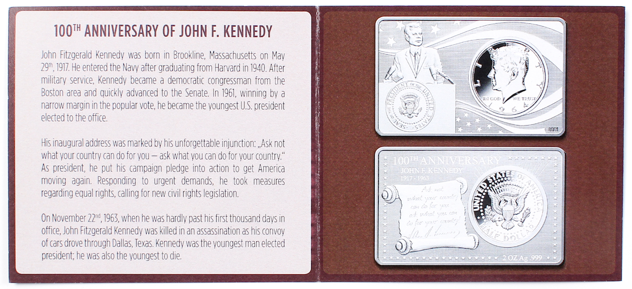 John F. Kennedy 100th Anniversary 2 oz. .999 Silver Bar with 1964 Kennedy Half Dollar at PristineAuction.com John F. Kennedy 100th Anniversary 2 oz. .999 Silver Bar with 1964 Kennedy Half Dollar at PristineAuction.com