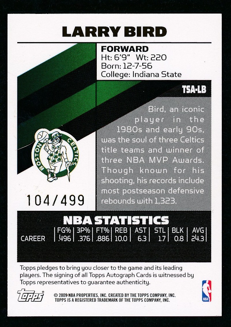2009-10 Topps Signature Basketball Autograph #TSA-LB Larry Bird #104/499 at PristineAuction.com 2009-10 Topps Signature Basketball Autograph #TSA-LB Larry Bird #104/499 at PristineAuction.com