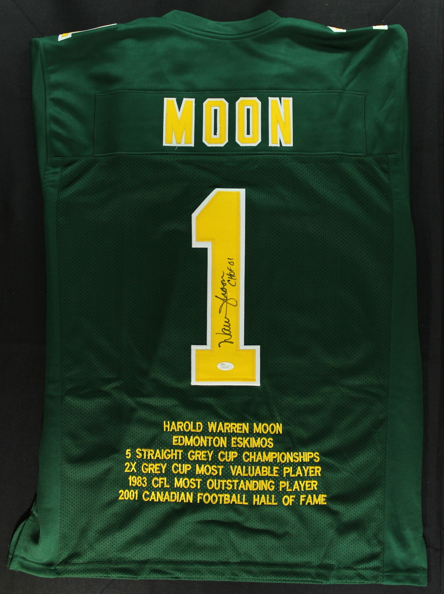 Warren Moon Signed CFL Edmonton Eskimos Stat Jersey Inscribed "C HOF 01" (JSA COA) at PristineAuction.com Warren Moon Signed CFL Edmonton Eskimos Stat Jersey Inscribed "C HOF 01" (JSA COA) at PristineAuction.com