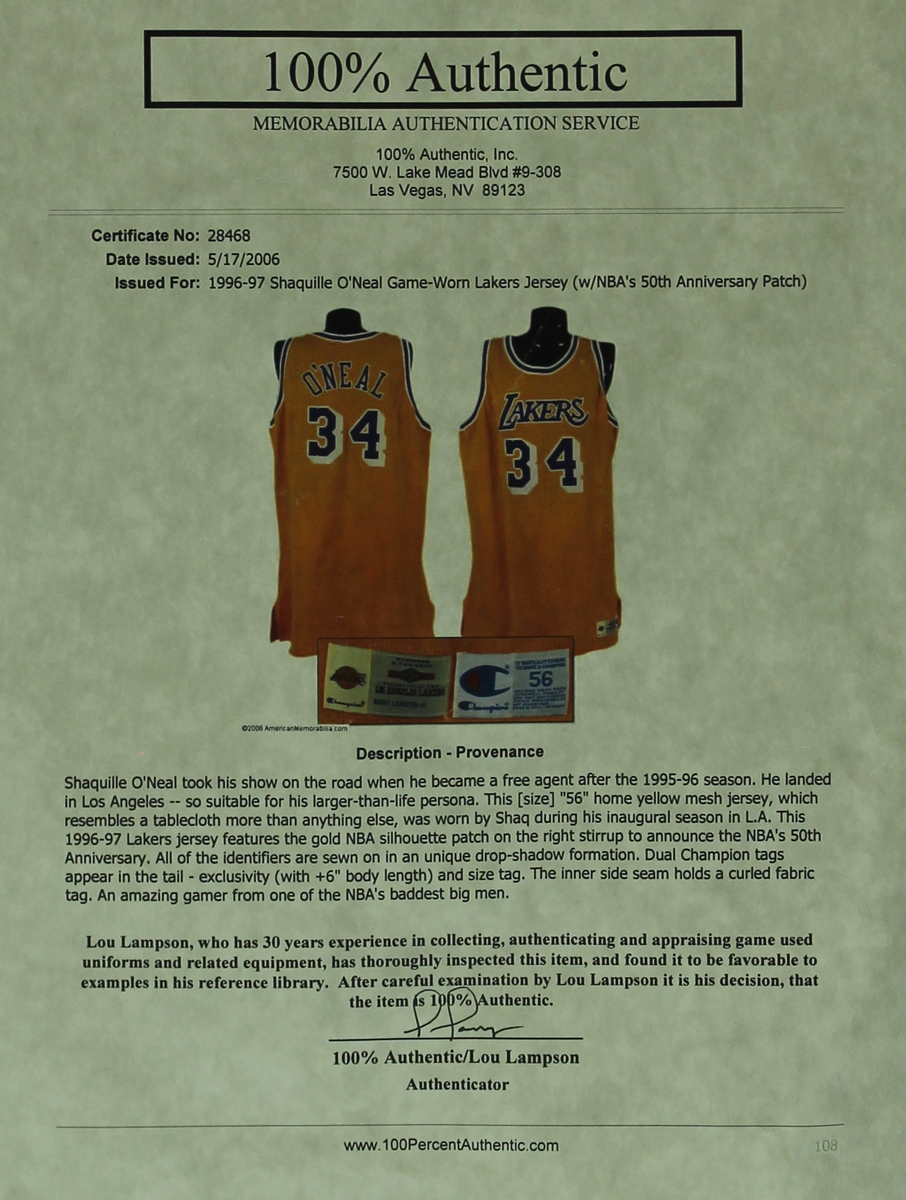 Shaquille O'Neal Game-Worn Lakers Jersey (Lampson LOA) at PristineAuction.com Shaquille O'Neal Game-Worn Lakers Jersey (Lampson LOA) at PristineAuction.com