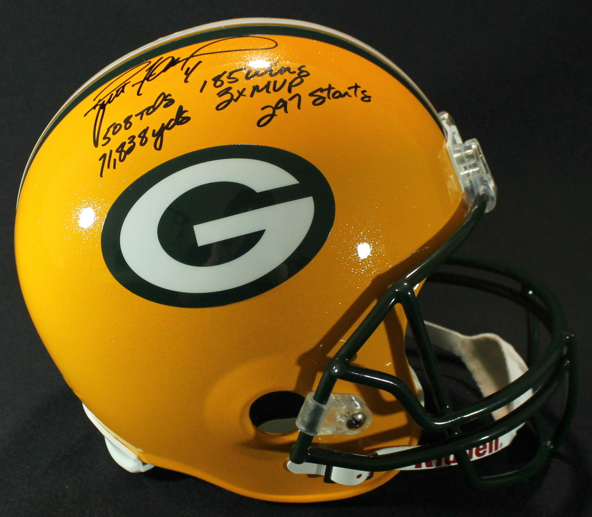 Brett Favre Signed Packers Full-Size Replica Helmet with (5) Career Stat Inscriptions (Favre COA) at PristineAuction.com Brett Favre Signed Packers Full-Size Replica Helmet with (5) Career Stat Inscriptions (Favre COA) at PristineAuction.com