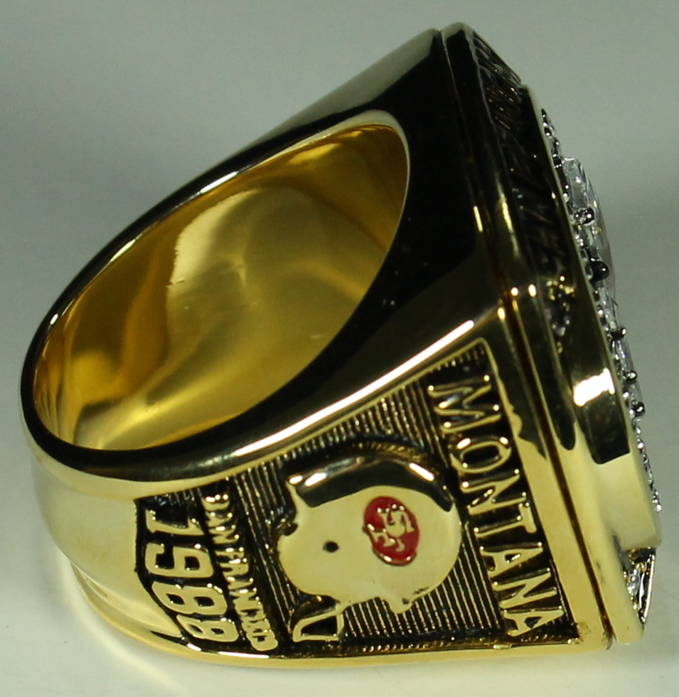 Joe Montana San Francisco 49ers High Quality Replica 1988 Super Bowl XXIII Ring with Cherry Wood Display Box at PristineAuction.com Joe Montana San Francisco 49ers High Quality Replica 1988 Super Bowl XXIII Ring with Cherry Wood Display Box at PristineAuction.com