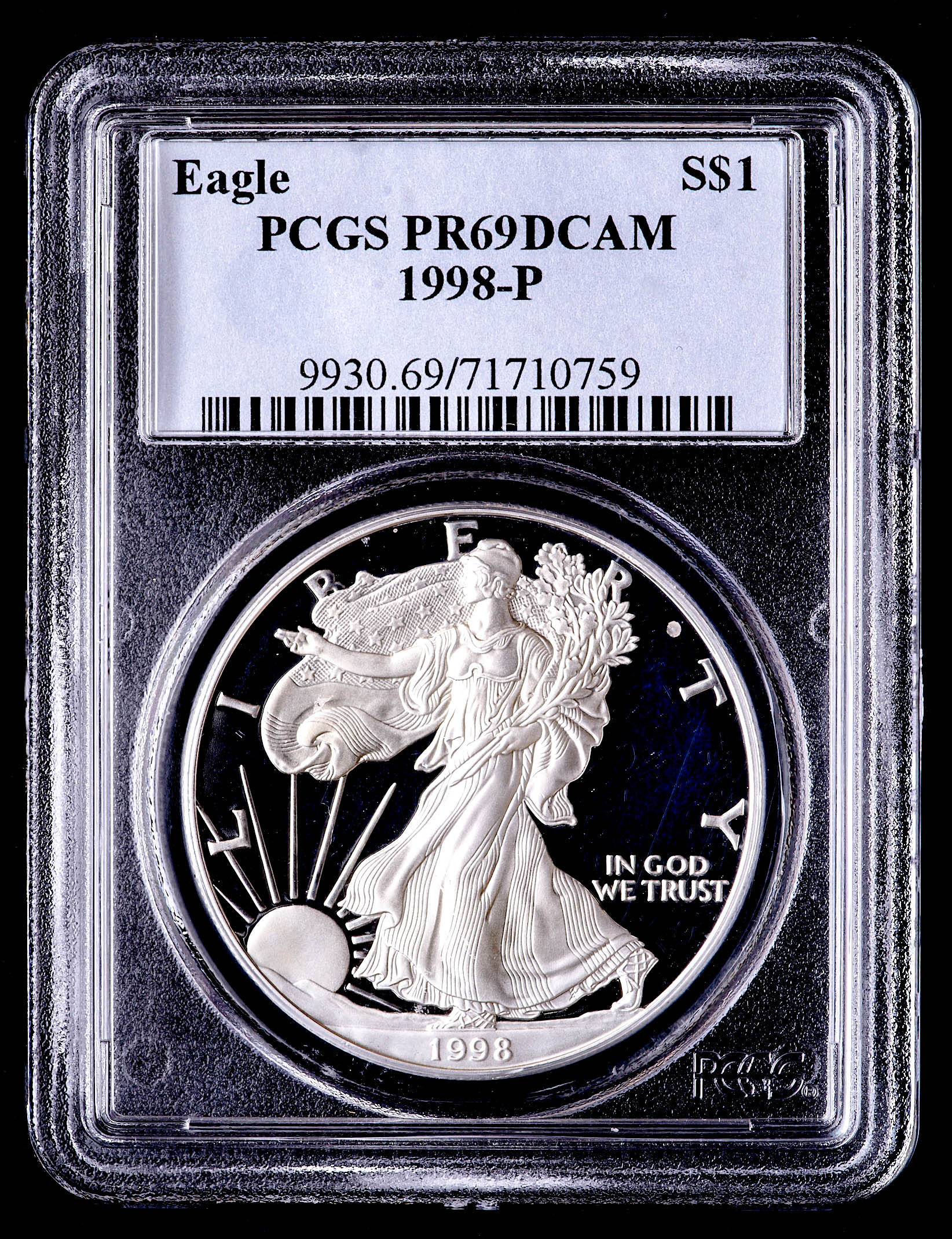 1998-P American Silver Eagle $1 One-Dollar Coin (PCGS PR69 Deep Cameo) at PristineAuction.com 1998-P American Silver Eagle $1 One-Dollar Coin (PCGS PR69 Deep Cameo) at PristineAuction.com