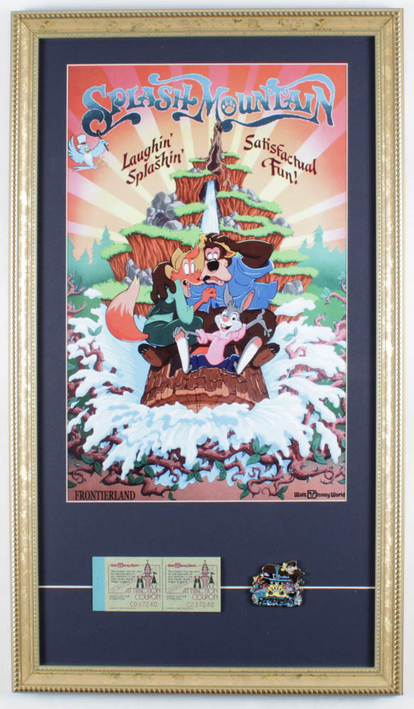 Disneyland "Splash Mountain" 15x26 Custom Framed Poster Display with Vintage Splash Mountain Pin & Ticket Booklet at PristineAuction.com Disneyland "Splash Mountain" 15x26 Custom Framed Poster Display with Vintage Splash Mountain Pin & Ticket Booklet at PristineAuction.com