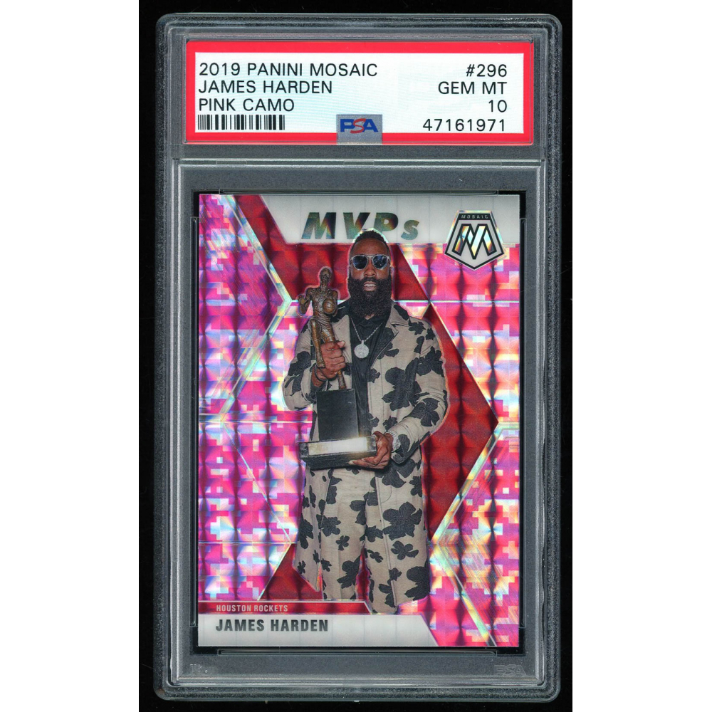 James Harden 2019-20 Panini Mosaic Mosaic Pink Camo #296 MVP (PSA 