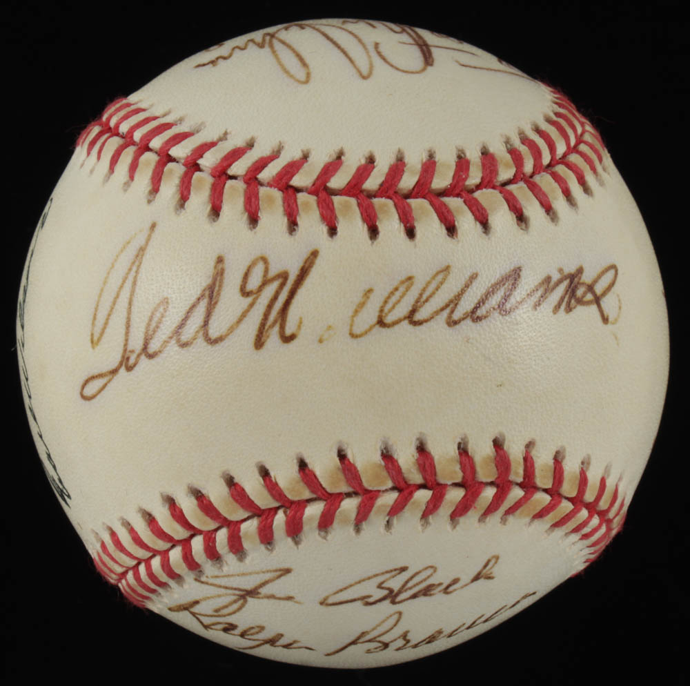 1992 World Series Baseball Team-Signed by (13) With Ted Williams, Larry Doby, Warren Spahn, Bob Gibson, Joe Garagiola With Display Case (PSA LOA) at PristineAuction.com 1992 World Series Baseball Team-Signed by (13) With Ted Williams, Larry Doby, Warren Spahn, Bob Gibson, Joe Garagiola With Display Case (PSA LOA) at PristineAuction.com