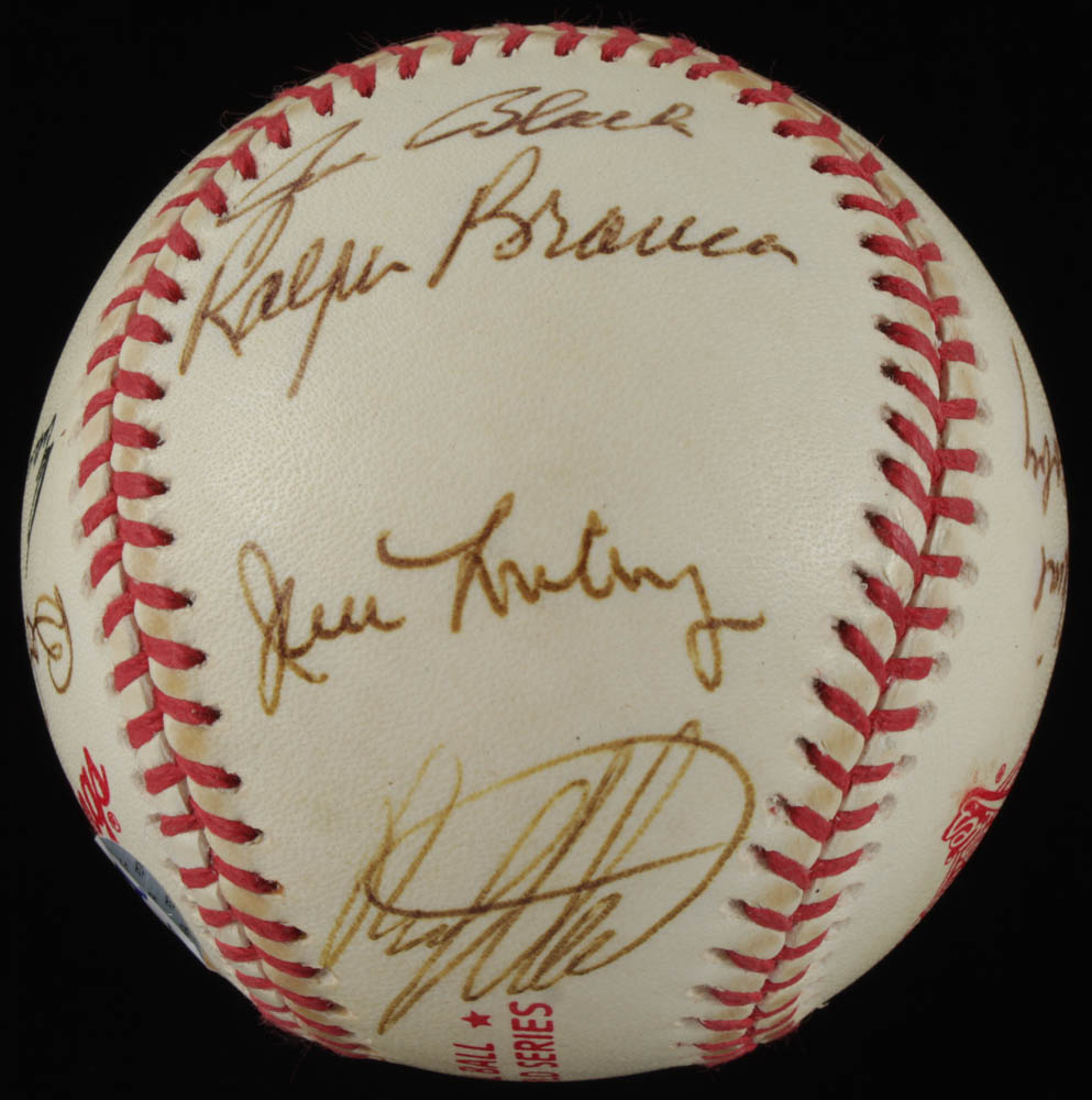 1992 World Series Baseball Team-Signed by (13) With Ted Williams, Larry Doby, Warren Spahn, Bob Gibson, Joe Garagiola With Display Case (PSA LOA) at PristineAuction.com 1992 World Series Baseball Team-Signed by (13) With Ted Williams, Larry Doby, Warren Spahn, Bob Gibson, Joe Garagiola With Display Case (PSA LOA) at PristineAuction.com