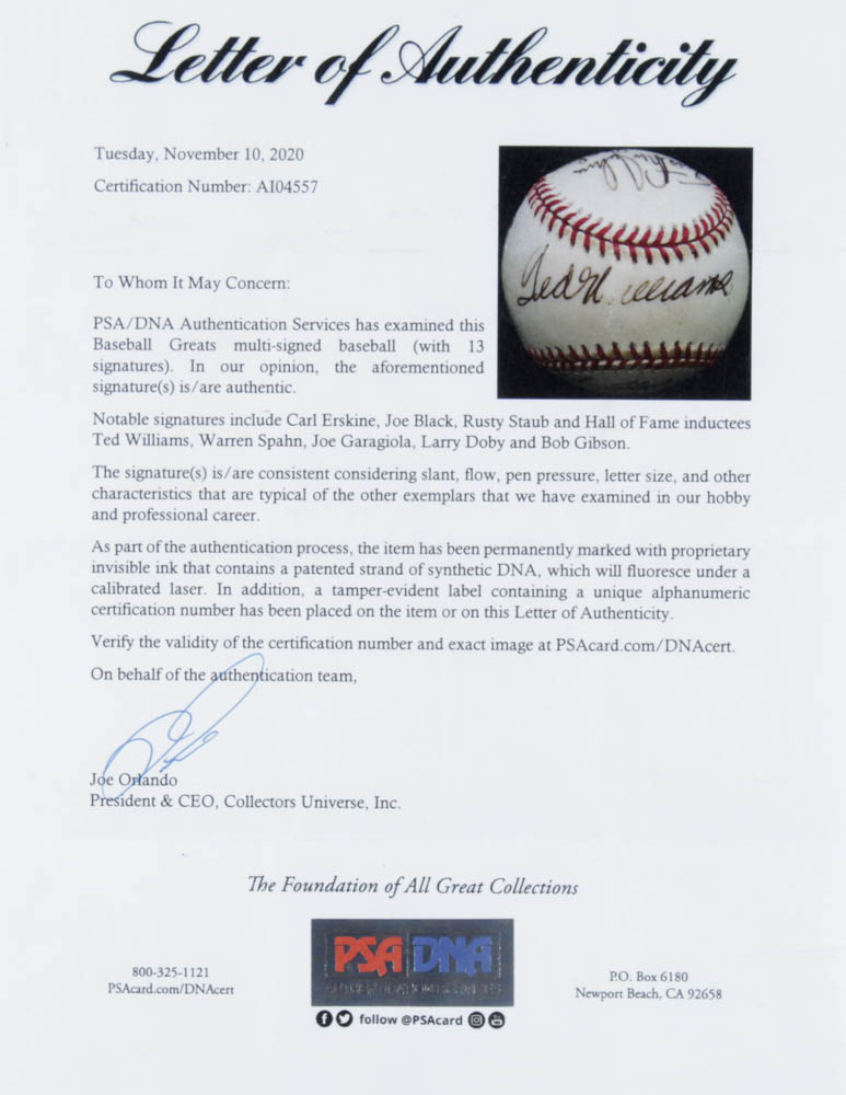 1992 World Series Baseball Team-Signed by (13) With Ted Williams, Larry Doby, Warren Spahn, Bob Gibson, Joe Garagiola With Display Case (PSA LOA) at PristineAuction.com 1992 World Series Baseball Team-Signed by (13) With Ted Williams, Larry Doby, Warren Spahn, Bob Gibson, Joe Garagiola With Display Case (PSA LOA) at PristineAuction.com