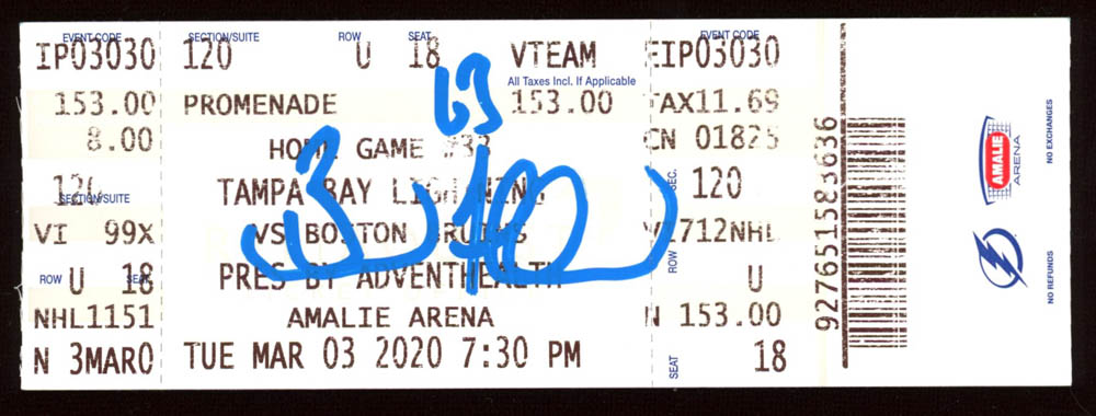 Brad Marchand Signed 2020 Bruins Ticket (Marchand COA) at PristineAuction.com Brad Marchand Signed 2020 Bruins Ticket (Marchand COA) at PristineAuction.com