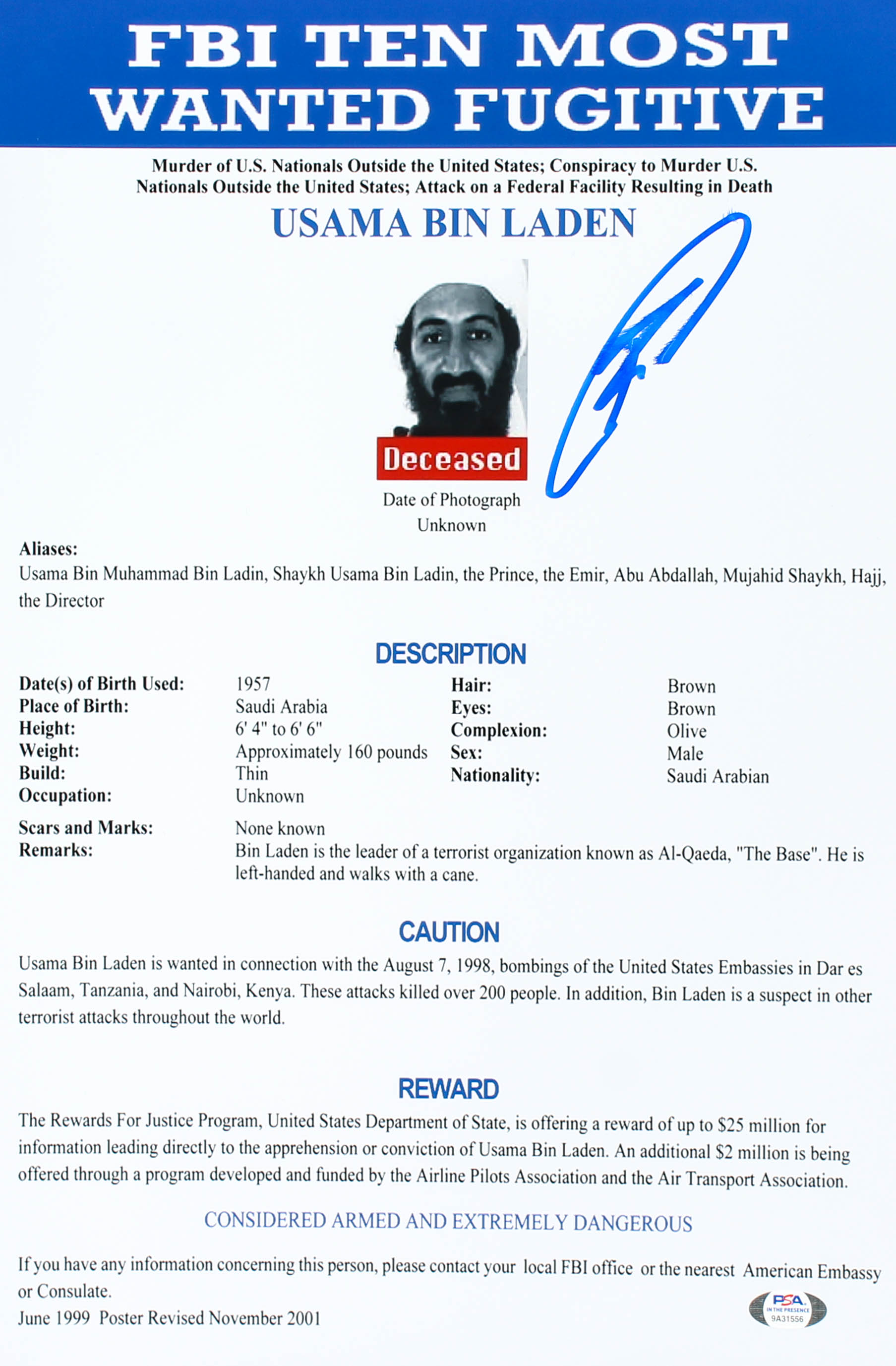 Robert J. O'Neill Signed FBI Most Wanted 12x18 Photo (PSA COA) at PristineAuction.com Robert J. O'Neill Signed FBI Most Wanted 12x18 Photo (PSA COA) at PristineAuction.com