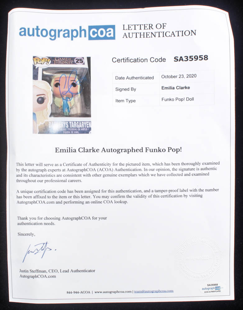 Emilia Clarke Signed "Game Of Thrones" #25 Funko Pop! Vinyl Figure (AutographCOA LOA) at PristineAuction.com Emilia Clarke Signed "Game Of Thrones" #25 Funko Pop! Vinyl Figure (AutographCOA LOA) at PristineAuction.com
