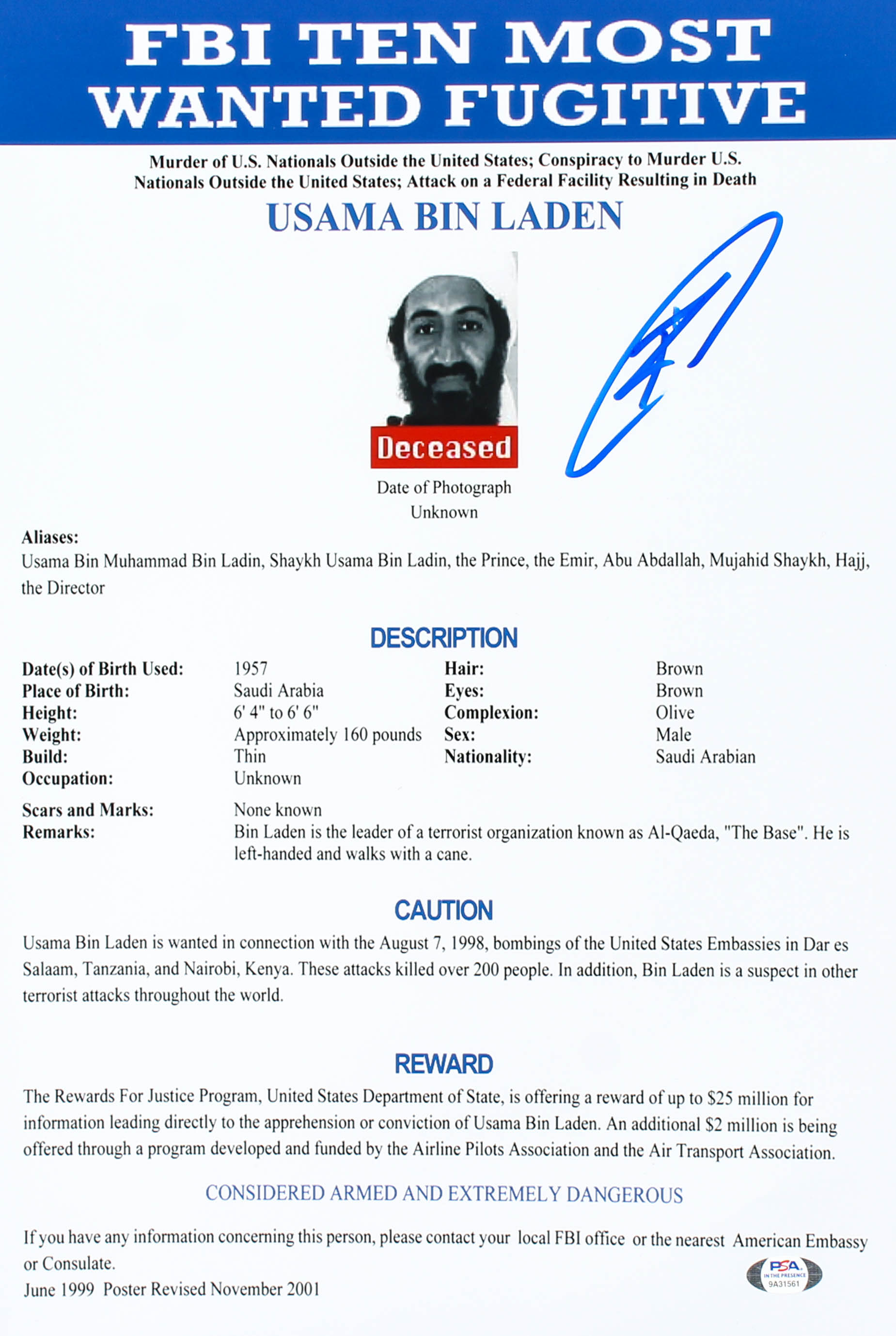 Robert J. O'Neill Signed FBI Most Wanted 12x18 Photo (PSA COA) at PristineAuction.com Robert J. O'Neill Signed FBI Most Wanted 12x18 Photo (PSA COA) at PristineAuction.com