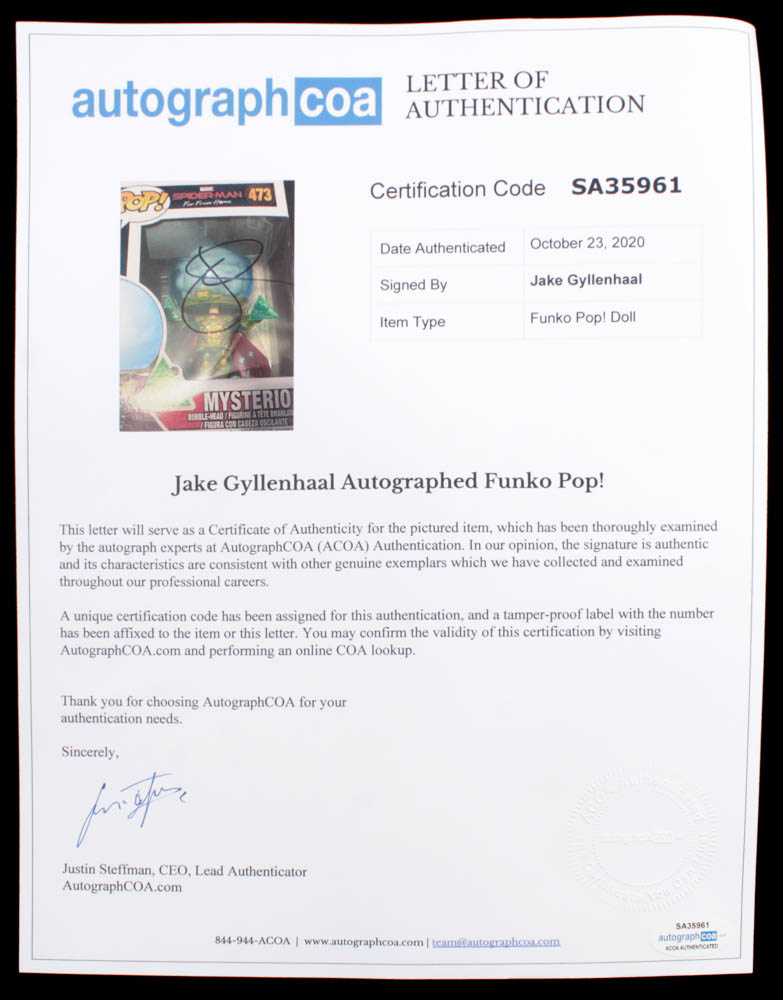 Jake Gyllenhaal Signed "Spiderman: Far From Home" #473 Funko Pop! Vinyl Figure (AutographCOA LOA) at PristineAuction.com Jake Gyllenhaal Signed "Spiderman: Far From Home" #473 Funko Pop! Vinyl Figure (AutographCOA LOA) at PristineAuction.com