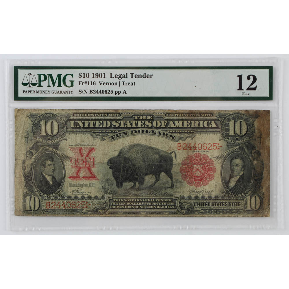 1901 'Bison' $10 Ten-Dollar Red Seal U.S. Legal Tender Large-Size Bank ...
