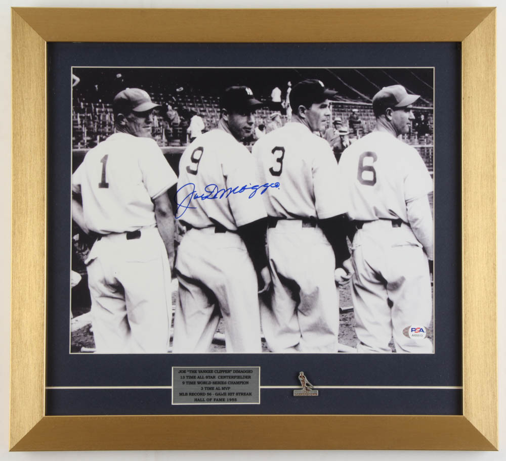 Joe DiMaggio Signed Yankees 17x15 Custom Framed Photo Display with 1989 Cooperstown Pin (PSA LOA) at PristineAuction.com Joe DiMaggio Signed Yankees 17x15 Custom Framed Photo Display with 1989 Cooperstown Pin (PSA LOA) at PristineAuction.com