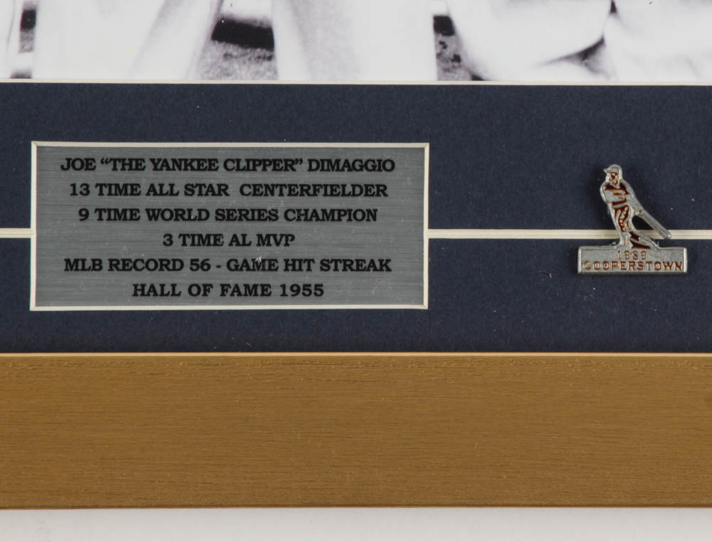 Joe DiMaggio Signed Yankees 17x15 Custom Framed Photo Display with 1989 Cooperstown Pin (PSA LOA) at PristineAuction.com Joe DiMaggio Signed Yankees 17x15 Custom Framed Photo Display with 1989 Cooperstown Pin (PSA LOA) at PristineAuction.com