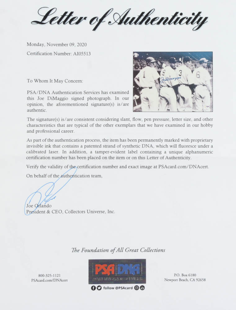 Joe DiMaggio Signed Yankees 17x15 Custom Framed Photo Display with 1989 Cooperstown Pin (PSA LOA) at PristineAuction.com Joe DiMaggio Signed Yankees 17x15 Custom Framed Photo Display with 1989 Cooperstown Pin (PSA LOA) at PristineAuction.com