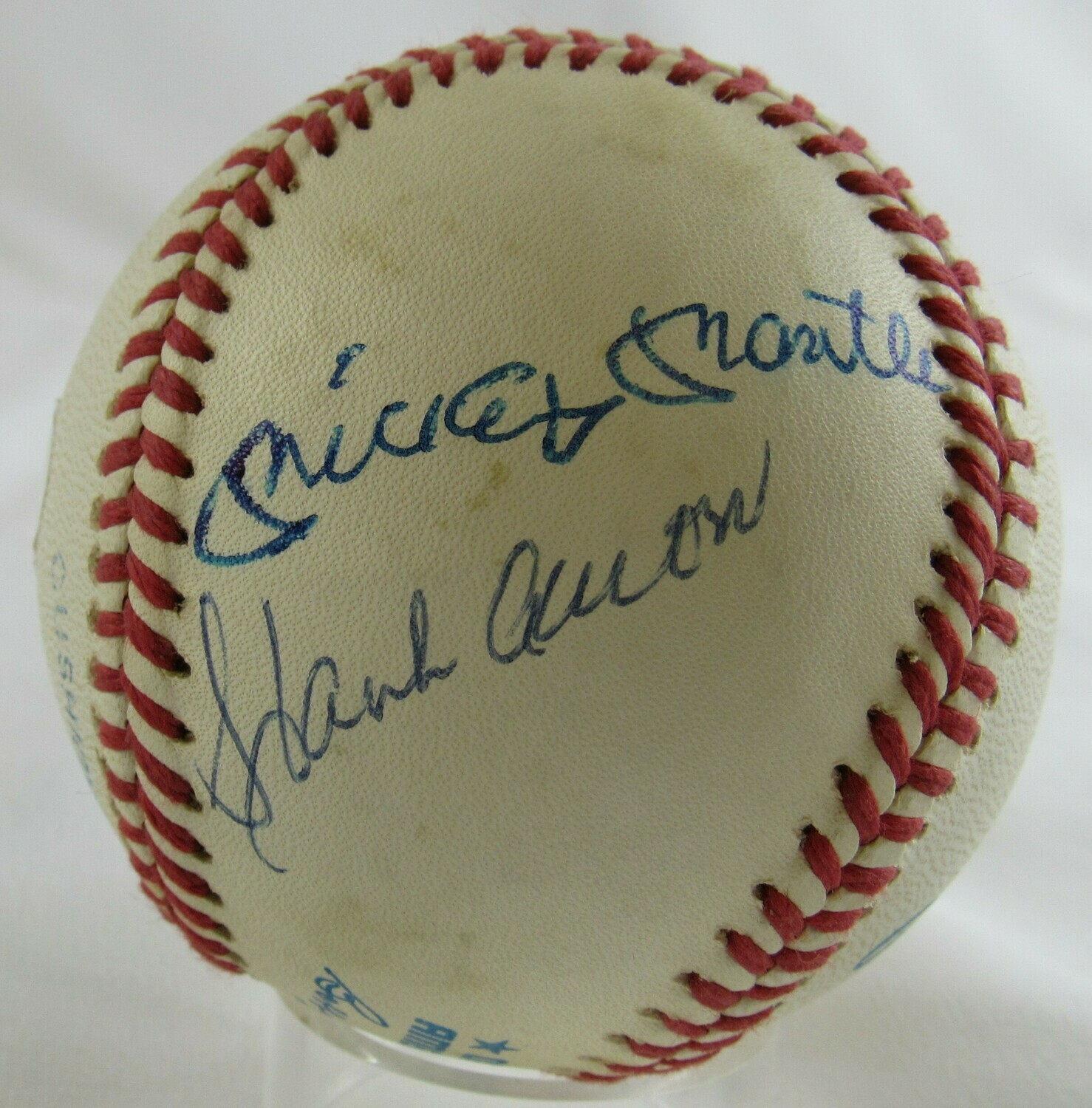 OAL Baseball Signed by (4) with Mickey Mantle, Willie Mays, Hank Aaron, & Joe DiMaggio (JSA LOA) at PristineAuction.com OAL Baseball Signed by (4) with Mickey Mantle, Willie Mays, Hank Aaron, & Joe DiMaggio (JSA LOA) at PristineAuction.com