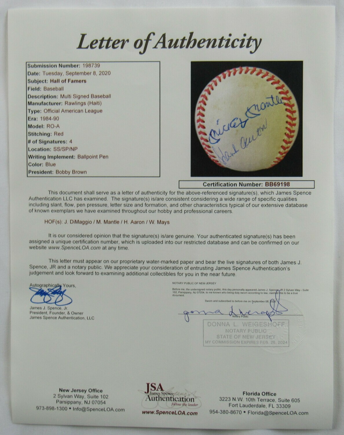 OAL Baseball Signed by (4) with Mickey Mantle, Willie Mays, Hank Aaron, & Joe DiMaggio (JSA LOA) at PristineAuction.com OAL Baseball Signed by (4) with Mickey Mantle, Willie Mays, Hank Aaron, & Joe DiMaggio (JSA LOA) at PristineAuction.com