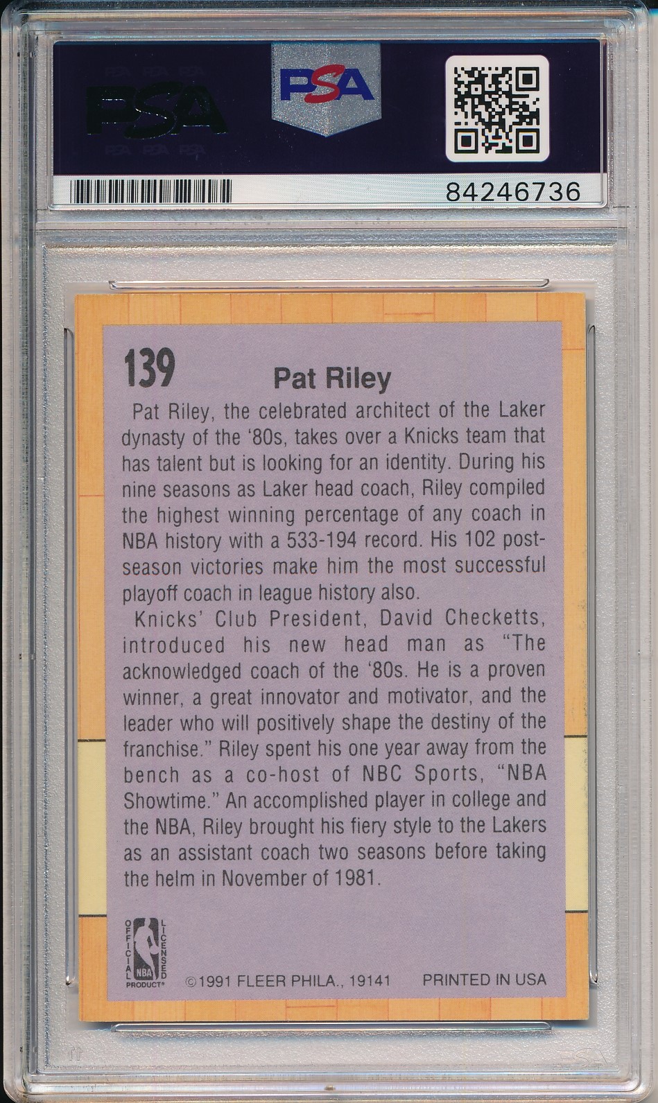 Pat Riley Signed 1991 Fleer Card #139 (PSA Encapsulated) at PristineAuction.com Pat Riley Signed 1991 Fleer Card #139 (PSA Encapsulated) at PristineAuction.com