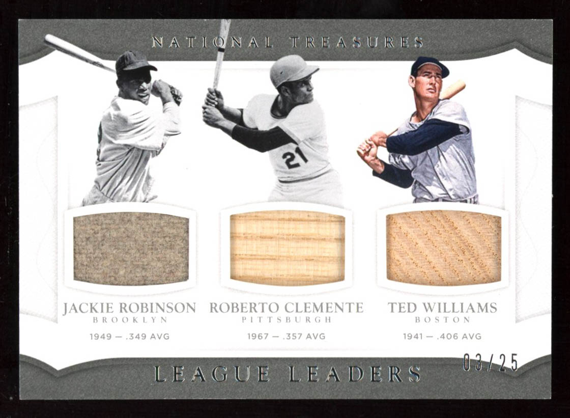 Jackie Robinson / Roberto Clemente / Ted Williams 2017 Panini National Treasures League Leaders Triple Relics #1 at PristineAuction.com Jackie Robinson / Roberto Clemente / Ted Williams 2017 Panini National Treasures League Leaders Triple Relics #1 at PristineAuction.com
