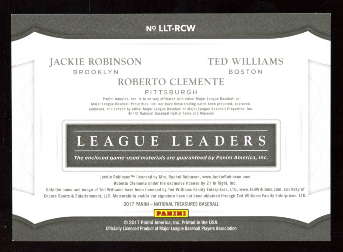 Jackie Robinson / Roberto Clemente / Ted Williams 2017 Panini National Treasures League Leaders Triple Relics #1 at PristineAuction.com Jackie Robinson / Roberto Clemente / Ted Williams 2017 Panini National Treasures League Leaders Triple Relics #1 at PristineAuction.com