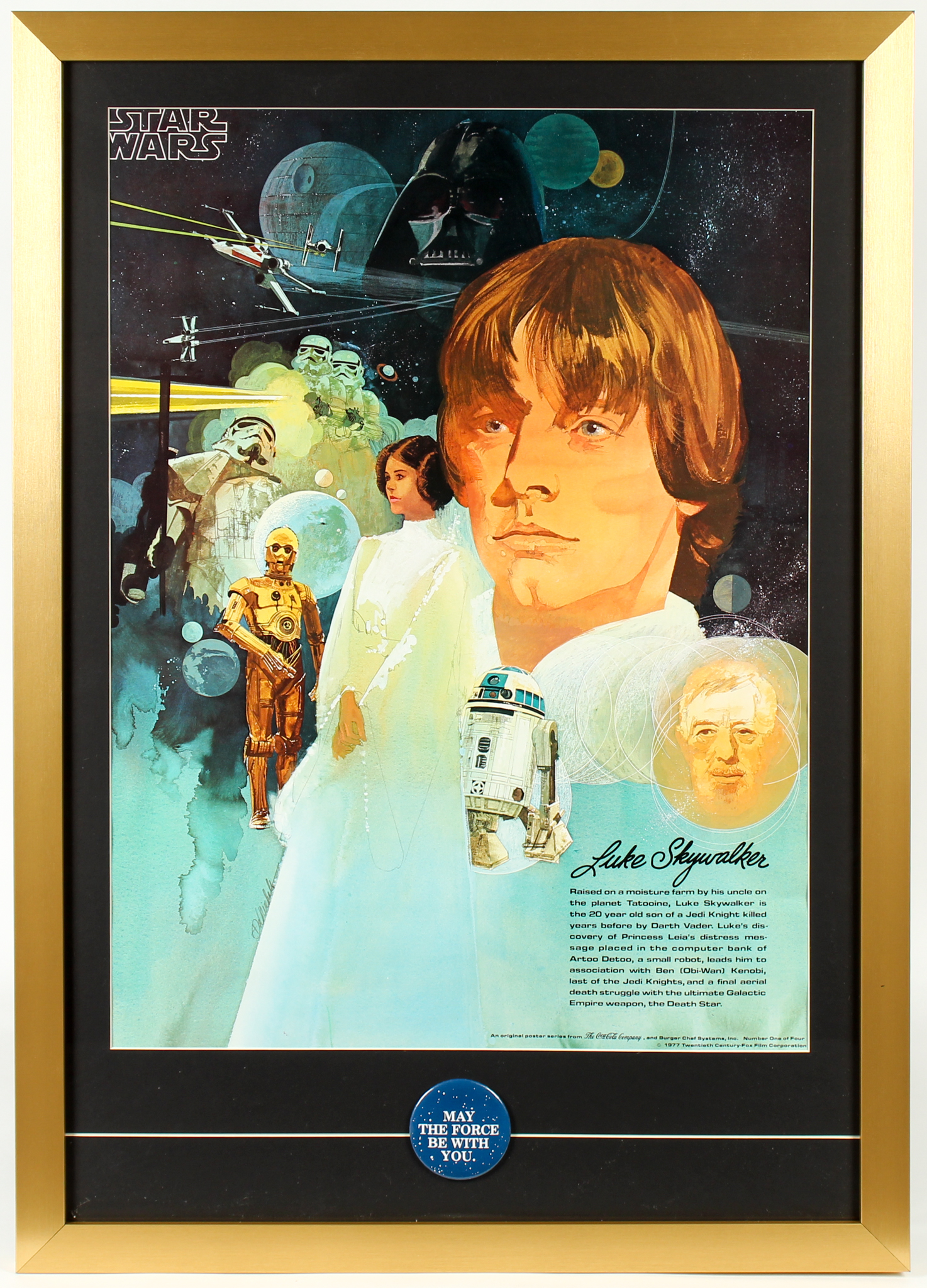 Star Wars 22x31 Custom Framed 1977 Original Coca Cola Promotion Only Poster Display with Original 1977 "May the Force Be With You" Pin at PristineAuction.com Star Wars 22x31 Custom Framed 1977 Original Coca Cola Promotion Only Poster Display with Original 1977 "May the Force Be With You" Pin at PristineAuction.com