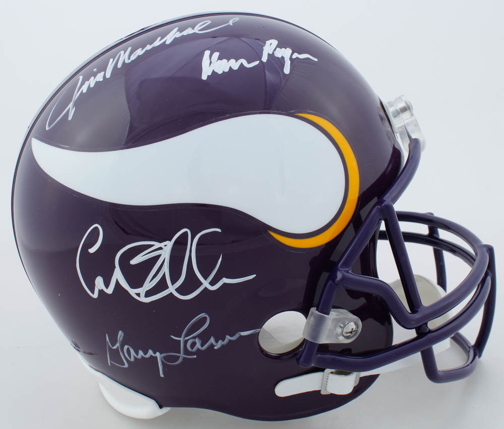 Vikings "Purple People Eaters" Full-Size Throwback Helmet Team-Signed by (4) with Carl Eller, Alan Page, Gary Larsen & Jim Marshall (Beckett COA) at PristineAuction.com Vikings "Purple People Eaters" Full-Size Throwback Helmet Team-Signed by (4) with Carl Eller, Alan Page, Gary Larsen & Jim Marshall (Beckett COA) at PristineAuction.com