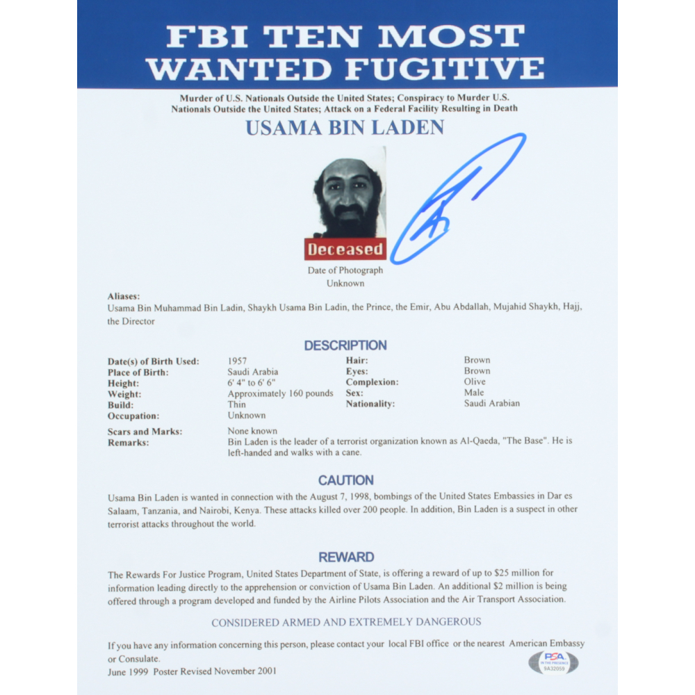 Robert J. O'Neill Signed "FBI Ten Most Wanted Fugitives" 11x14 Photo