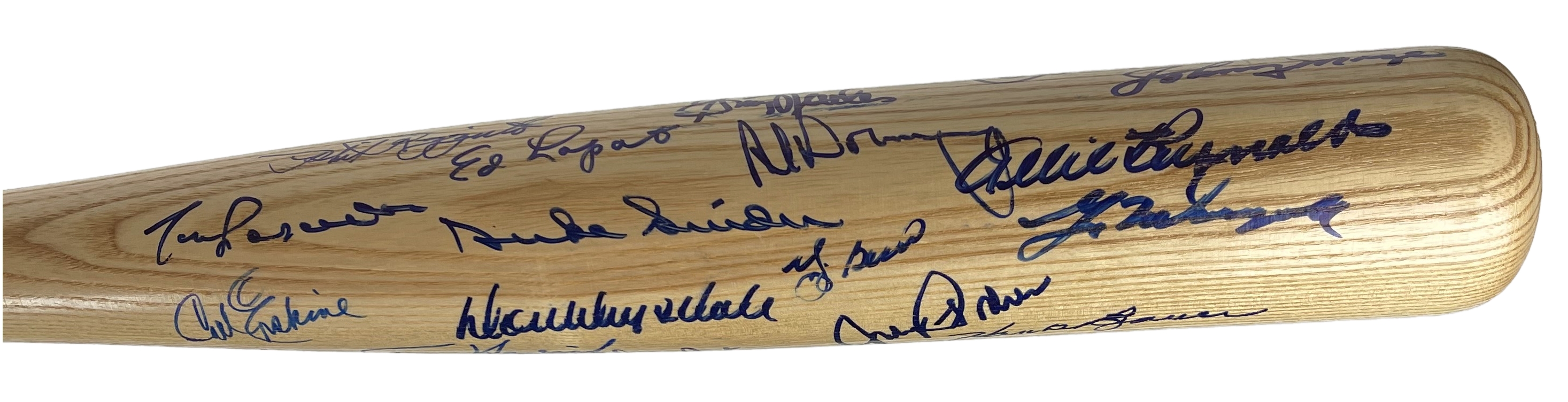 Yankees & Dodgers World Series Louisville Slugger Baseball Bat Signed by (27) with Don Drysdale, Duke Snider, Yogi Berra, Jim "Catfish" Hunter, Tommy Lasorda (PSA LOA) at PristineAuction.com Yankees & Dodgers World Series Louisville Slugger Baseball Bat Signed by (27) with Don Drysdale, Duke Snider, Yogi Berra, Jim "Catfish" Hunter, Tommy Lasorda (PSA LOA) at PristineAuction.com
