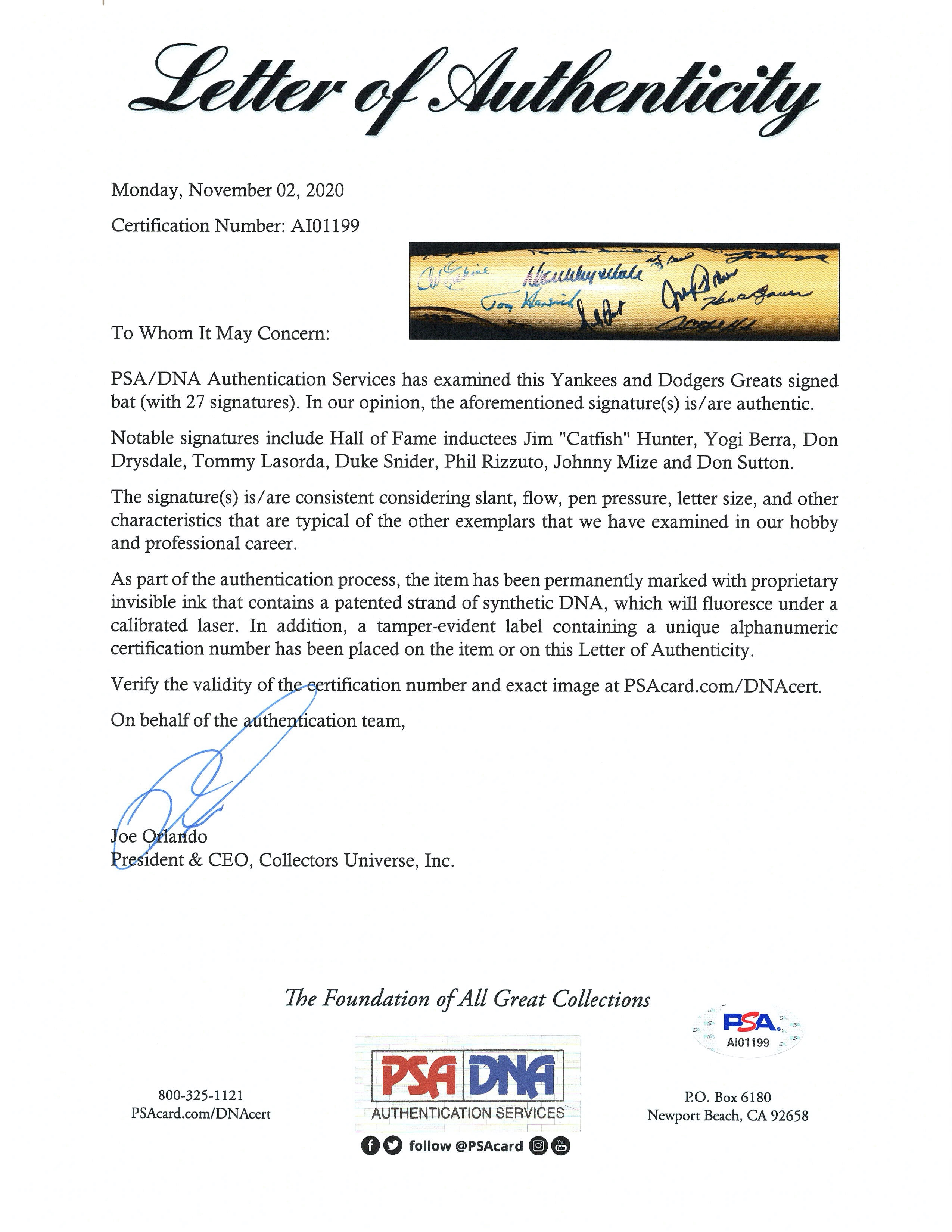 Yankees & Dodgers World Series Louisville Slugger Baseball Bat Signed by (27) with Don Drysdale, Duke Snider, Yogi Berra, Jim "Catfish" Hunter, Tommy Lasorda (PSA LOA) at PristineAuction.com Yankees & Dodgers World Series Louisville Slugger Baseball Bat Signed by (27) with Don Drysdale, Duke Snider, Yogi Berra, Jim "Catfish" Hunter, Tommy Lasorda (PSA LOA) at PristineAuction.com