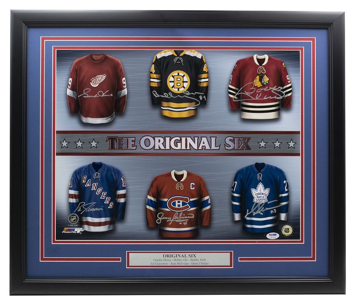 The Original 6 22x27 Custom Framed Photo Signed by (6) with Gordie Howe, Bobby Orr, Bobby Hull, Eddie Giacomin, Jean Beliveau, & Darryl Sittler (PSA LOA) at PristineAuction.com The Original 6 22x27 Custom Framed Photo Signed by (6) with Gordie Howe, Bobby Orr, Bobby Hull, Eddie Giacomin, Jean Beliveau, & Darryl Sittler (PSA LOA) at PristineAuction.com
