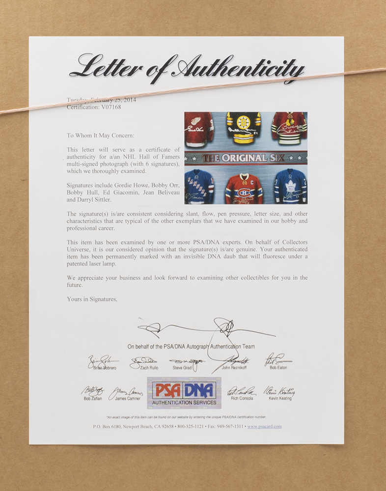 The Original 6 22x27 Custom Framed Photo Signed by (6) with Gordie Howe, Bobby Orr, Bobby Hull, Eddie Giacomin, Jean Beliveau, & Darryl Sittler (PSA LOA) at PristineAuction.com The Original 6 22x27 Custom Framed Photo Signed by (6) with Gordie Howe, Bobby Orr, Bobby Hull, Eddie Giacomin, Jean Beliveau, & Darryl Sittler (PSA LOA) at PristineAuction.com