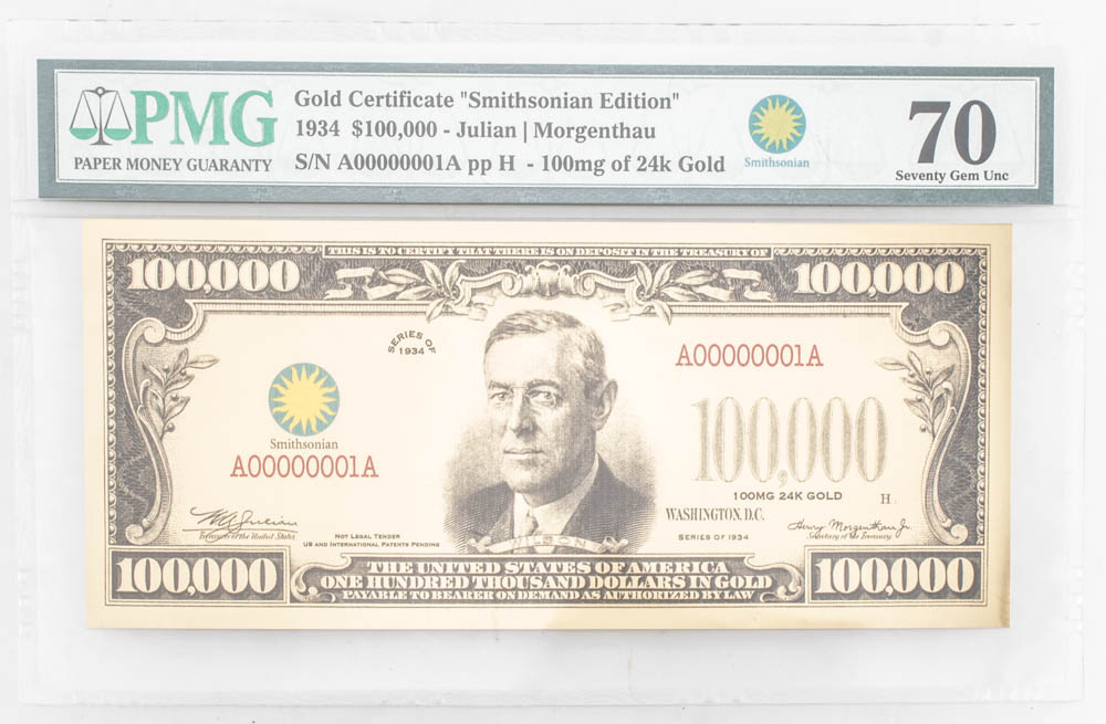 1934 $100,000 One Hundred Thousand Dollars "Smithsonian Edition" Gold Certificate (PMG 70 Gem Uncirculated) at PristineAuction.com 1934 $100,000 One Hundred Thousand Dollars "Smithsonian Edition" Gold Certificate (PMG 70 Gem Uncirculated) at PristineAuction.com