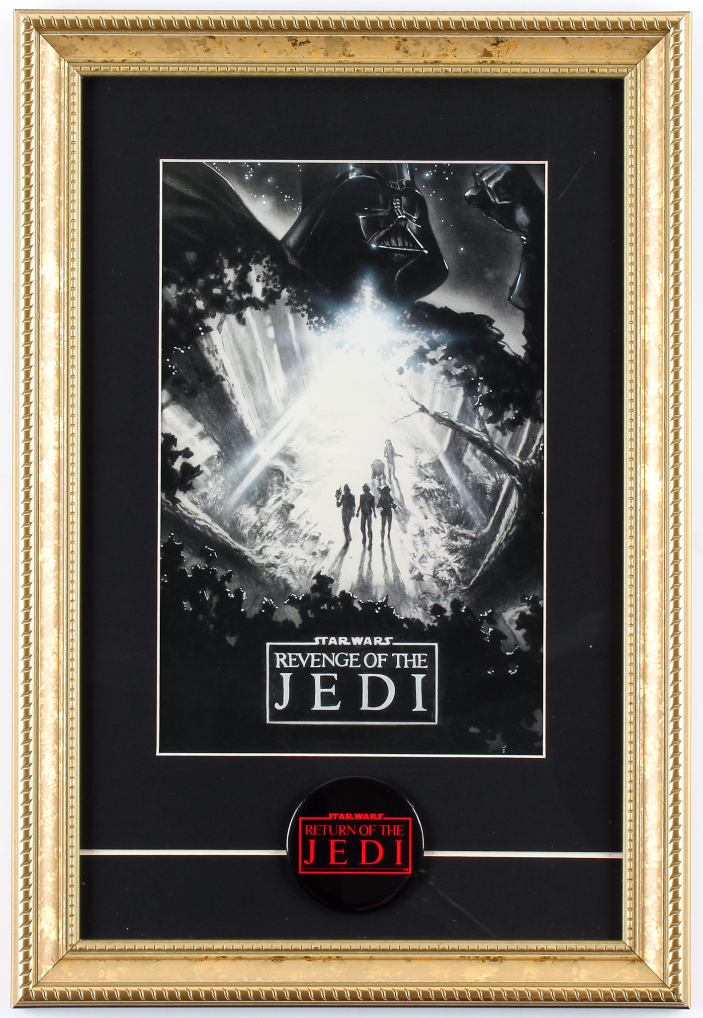 "Star Wars: Revenge of the Jedi" 10.5x16 Custom Framed Pre Release Old Working Title Poster Display with Vintage Original Return of the Jedi Movie Pin at PristineAuction.com "Star Wars: Revenge of the Jedi" 10.5x16 Custom Framed Pre Release Old Working Title Poster Display with Vintage Original Return of the Jedi Movie Pin at PristineAuction.com