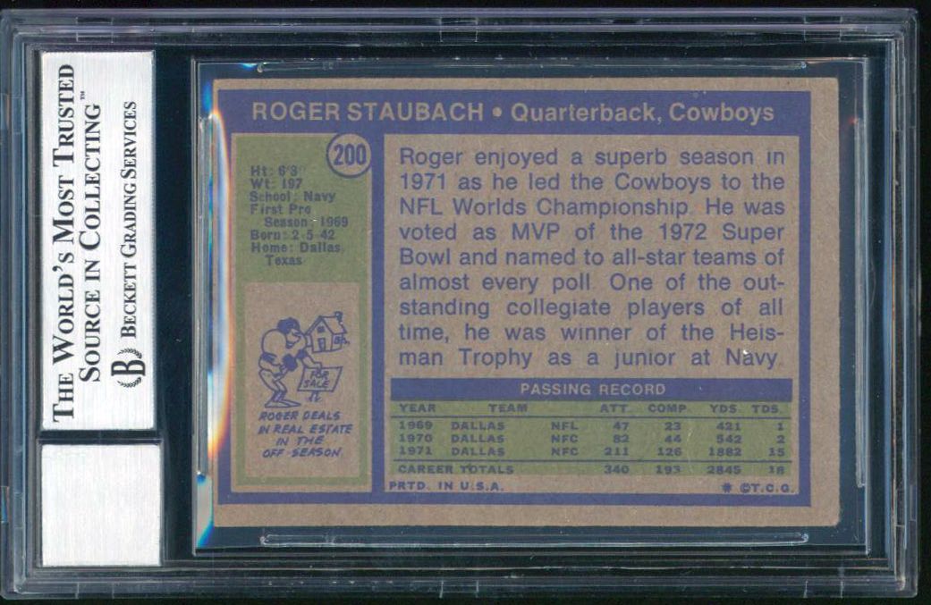 Roger Staubach Signed 1972 Topps #200 RC Inscribed "HOF 85" & "SB VI MVP" (BGS | Auto 10) at PristineAuction.com Roger Staubach Signed 1972 Topps #200 RC Inscribed "HOF 85" & "SB VI MVP" (BGS | Auto 10) at PristineAuction.com
