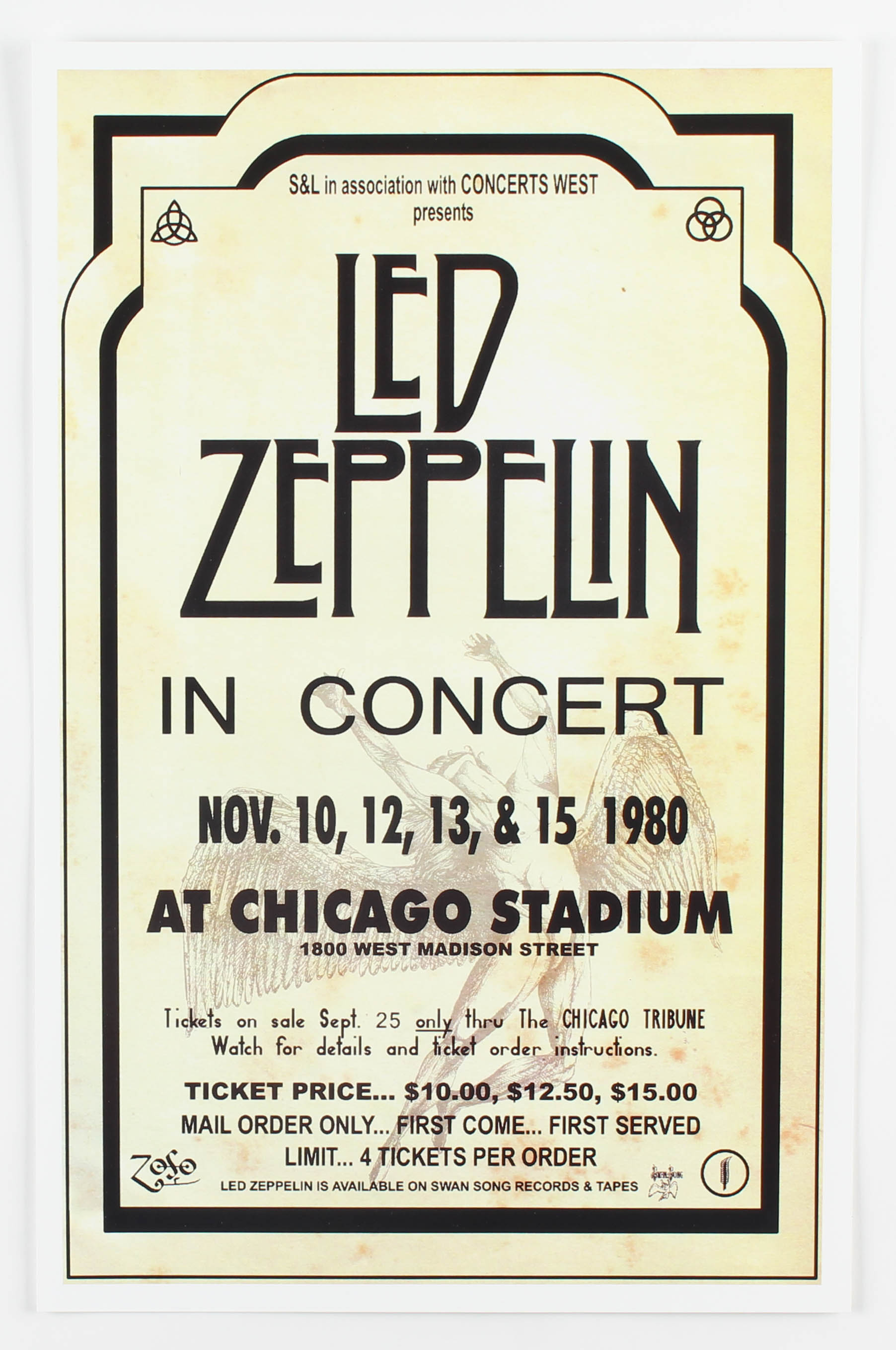 Led Zeppelin Concert 11x17 Concert Poster Print (Chicago Stadium Corporation LOA) at PristineAuction.com Led Zeppelin Concert 11x17 Concert Poster Print (Chicago Stadium Corporation LOA) at PristineAuction.com