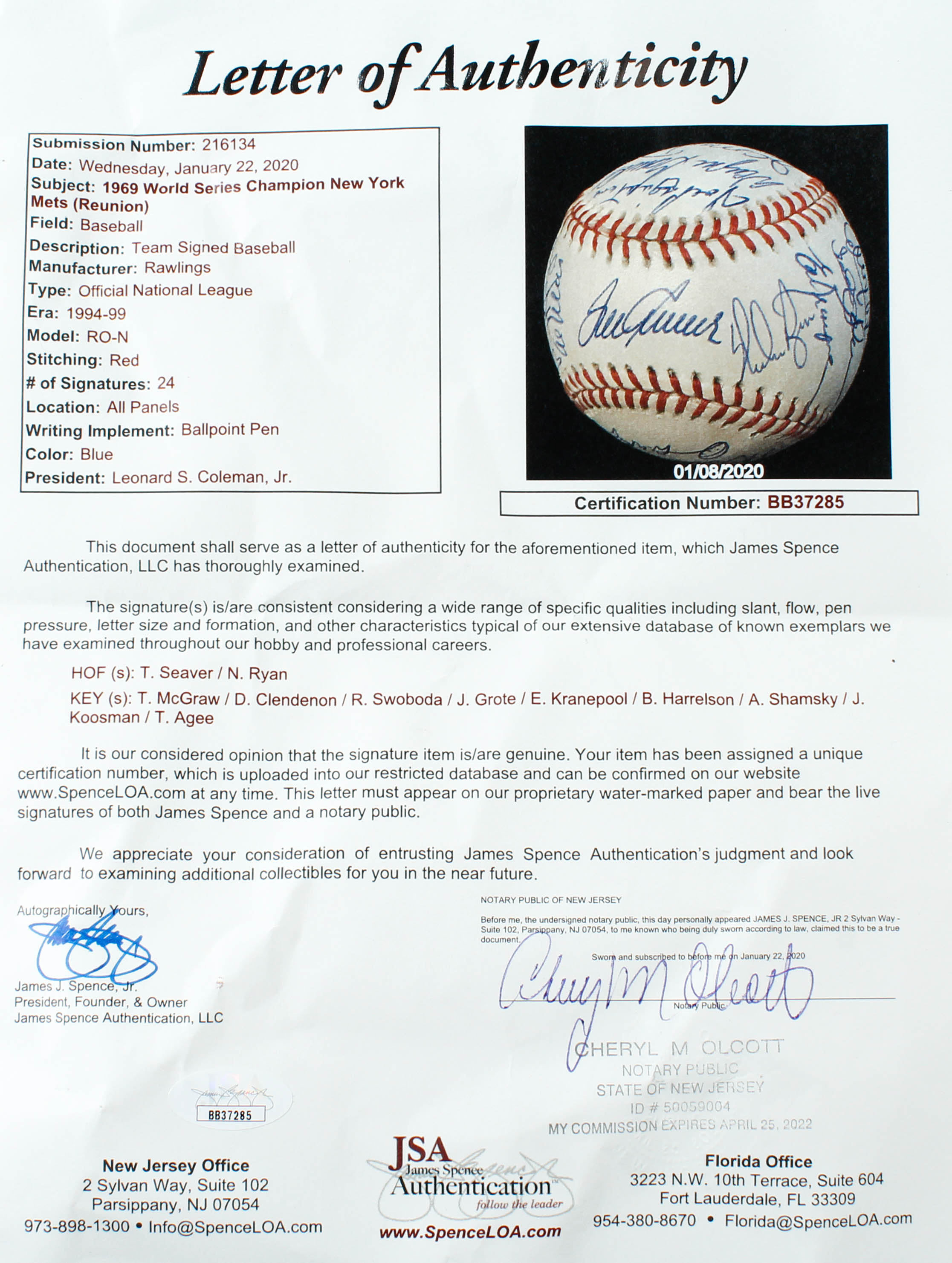 1969 Mets ONL Baseball Team-Signed by (24) With Tom Seaver, Nolan Ryan, Tug McGraw, Donn Clendenon With Display Case (JSA LOA) at PristineAuction.com 1969 Mets ONL Baseball Team-Signed by (24) With Tom Seaver, Nolan Ryan, Tug McGraw, Donn Clendenon With Display Case (JSA LOA) at PristineAuction.com