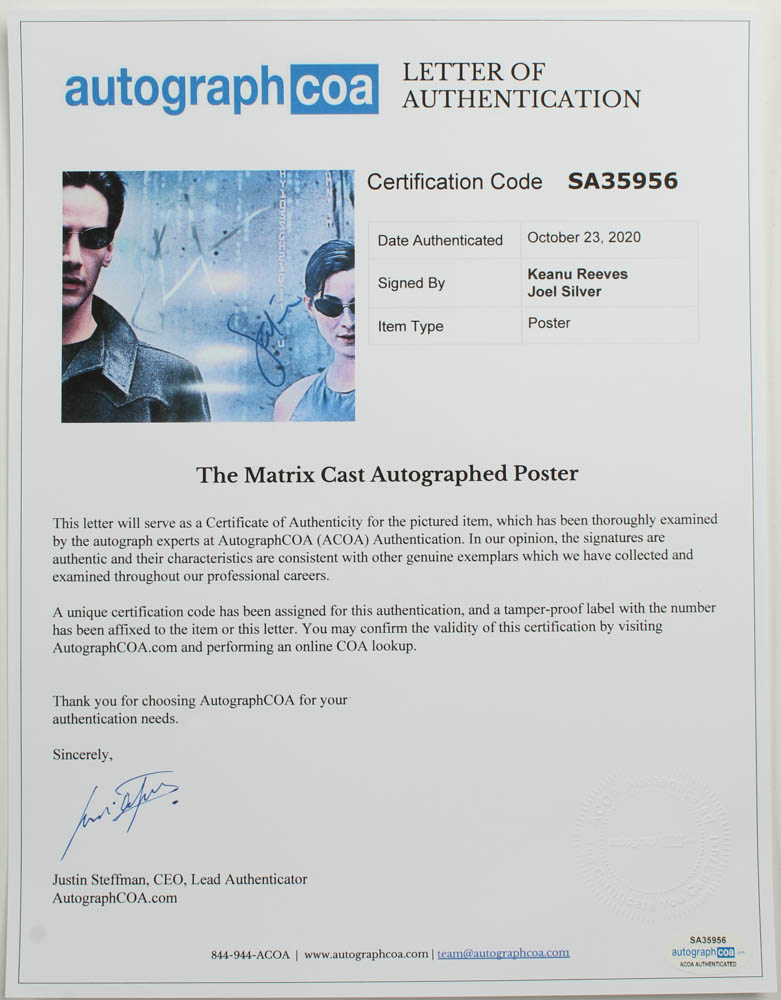 Keanu Reeves & Joel Silver Signed "The Matrix" 24x36 Movie Poster (AutographCOA LOA) at PristineAuction.com Keanu Reeves & Joel Silver Signed "The Matrix" 24x36 Movie Poster (AutographCOA LOA) at PristineAuction.com