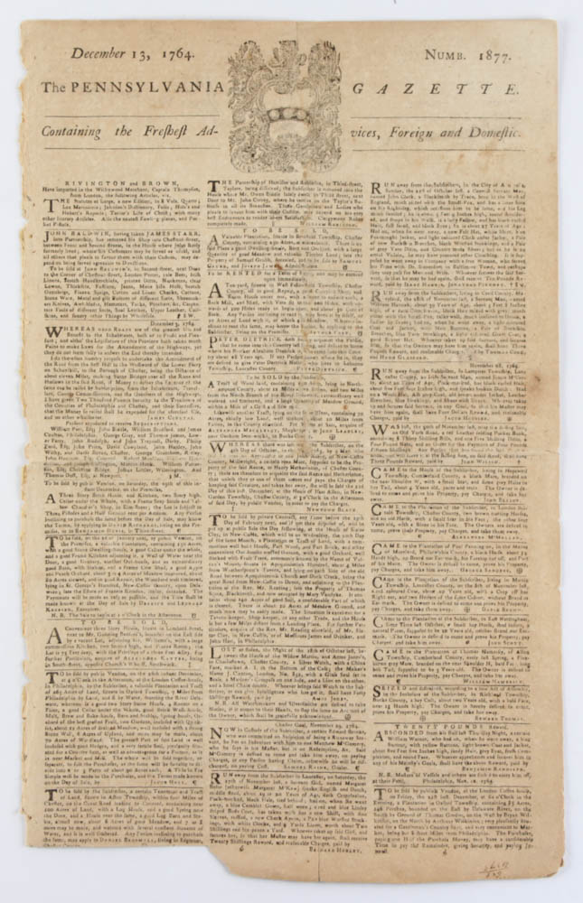 Vintage 1764 Benjamin Franklin "The Pennsylvania Gazette" Printed Newspaper at PristineAuction.com Vintage 1764 Benjamin Franklin "The Pennsylvania Gazette" Printed Newspaper at PristineAuction.com