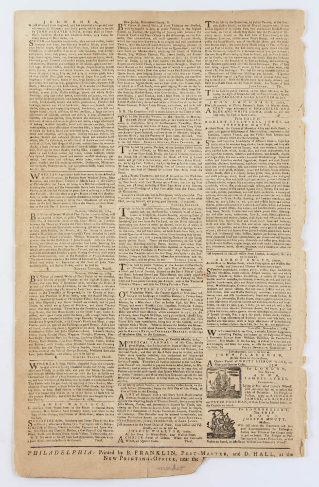 Vintage 1764 Benjamin Franklin "The Pennsylvania Gazette" Printed Newspaper at PristineAuction.com Vintage 1764 Benjamin Franklin "The Pennsylvania Gazette" Printed Newspaper at PristineAuction.com