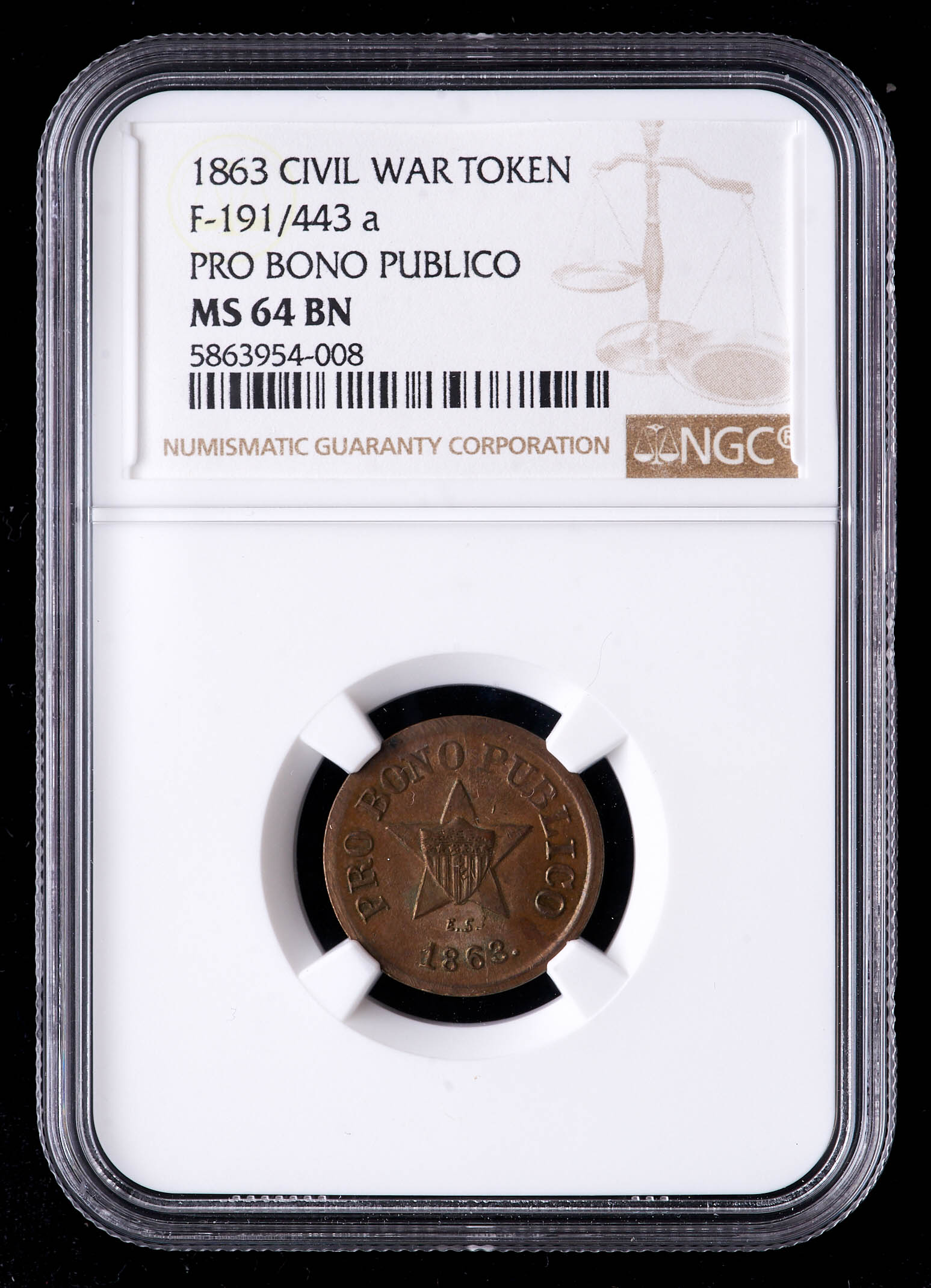 1863 Civil War Token - Pro Bono Publico (NGC MS64 Brown) | Pristine Auction