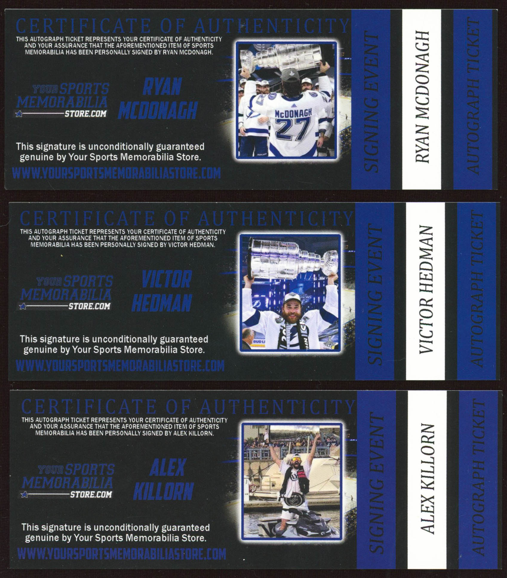 Victor Hedman, Ryan McDonagh & Alex Killorn Signed Lightning 8x10 Photo (Hedman COA, McDonagh COA & Killorn COA) at PristineAuction.com Victor Hedman, Ryan McDonagh & Alex Killorn Signed Lightning 8x10 Photo (Hedman COA, McDonagh COA & Killorn COA) at PristineAuction.com