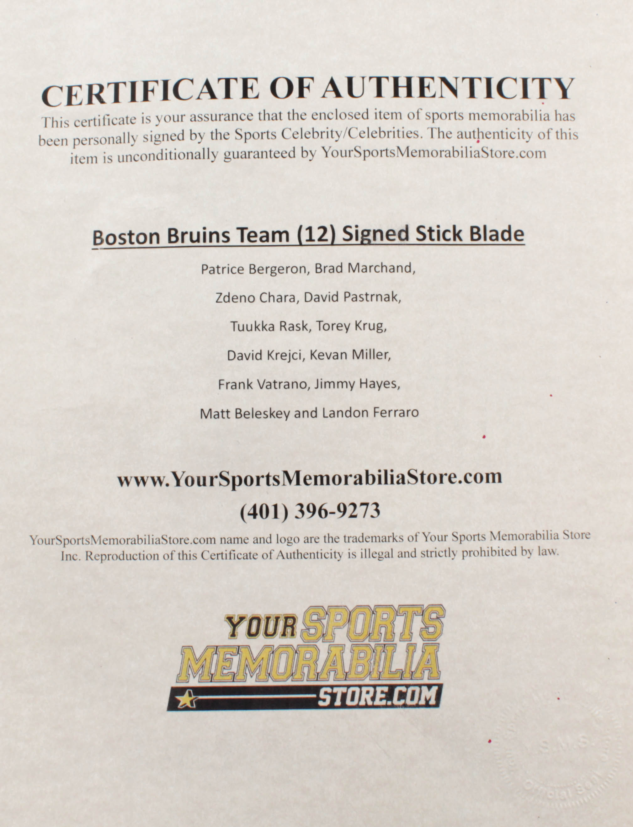 Bruins Hockey Stick Blade Team-Signed by (12) with Brad Marchand, Patrice Bergeron, Zdeno Chara, David Pastrnak (Your Sports Memorabilia Store COA) at PristineAuction.com Bruins Hockey Stick Blade Team-Signed by (12) with Brad Marchand, Patrice Bergeron, Zdeno Chara, David Pastrnak (Your Sports Memorabilia Store COA) at PristineAuction.com